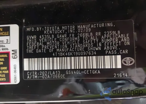 2009 Toyota Camry Xle V6 из США, поврежденный, VIN 4T1BK46K19U097634